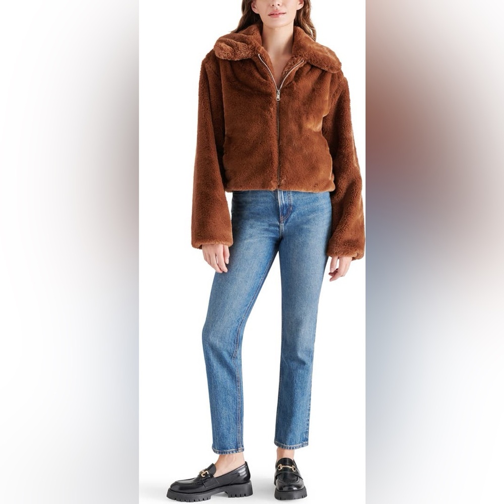 NWT Steve Madden Faux Fur Nutmeg Crop Zip Up Cozy Coat Sz M